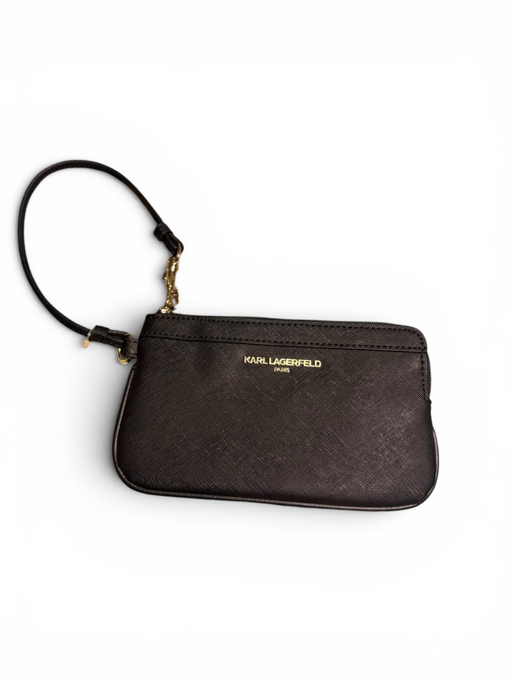 Karl Lagerfeld Black Textured Wristlet Clutch with Gold Logo